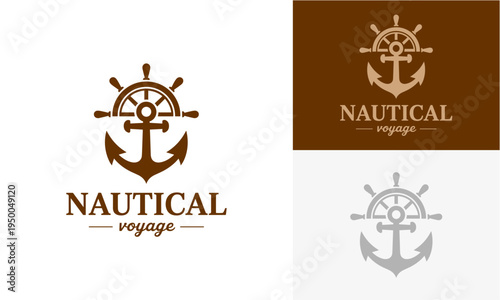 Elegant maritime exploration and ocean adventure emblem, featuring a stylized ship's wheel combined with an anchor, ideal for navigation businesses and seafaring brand identities