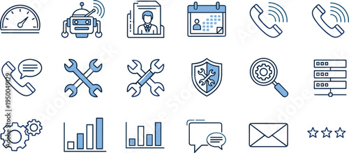 Professional blue line icon set for customer support, technical assistance, data analysis, business management, communication tools, and automated service solutions.