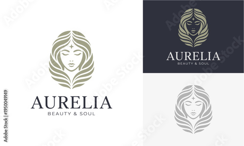 Aurelia Beauty and Soul logo design - elegant emblem featuring a woman's face with flowing hair and subtle leaf accents representing nature and grace