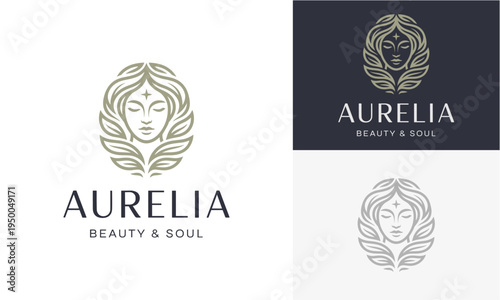 Aurelia Beauty and Soul Logo - Elegant Woman with Leaves Emblem for Cosmetics and Wellness Brands