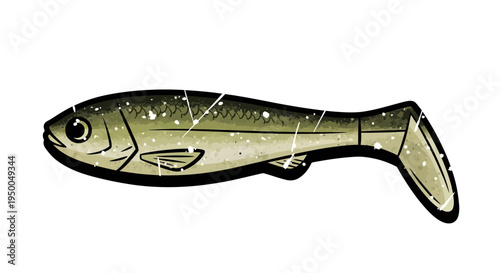 Fishing lure shaped like a fish, cartoon style, grunge texture
