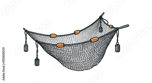 Fishing net with floats and weights on white background, illustration