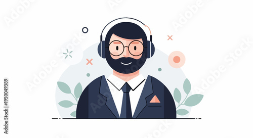 Flat illustration of a person with headphones and glasses, wearing a suit