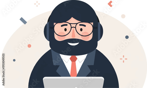 Flat illustration of a smiling bearded man wearing headphones and glasses, working on a laptop