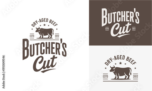 Butcher's Cut Dry-Aged Beef Emblem Featuring a Silhouette of a Bull, a Vintage Butcher Shop Logo Design
