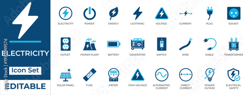Editable electricity and power icon set in flat style. Includes energy, battery, plug, and solar panel vectors for UI and UX, web, and graphic design.
