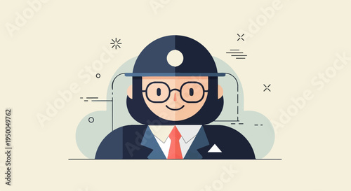 Flat illustration of a smiling person in a hat, glasses, and suit