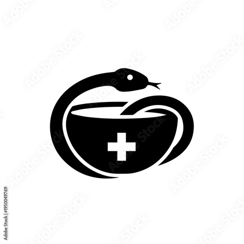 Pharmacy logo icon with a snake wrapped around a medicinal bowl, a symbol of medicine and healthcare