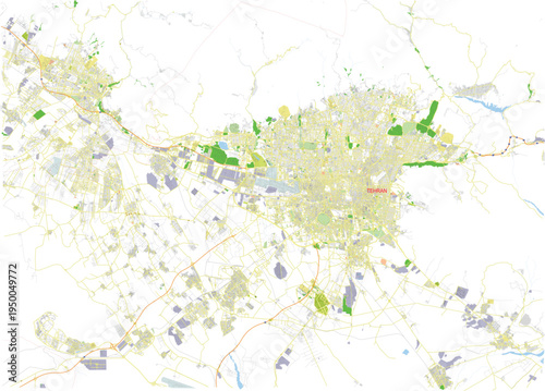 Tehran Topographic Color Map, Iran with Water Bodies, Nature, Highways and Streets, Editable Vector