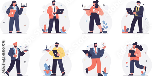 Flat style illustrations of business professionals working with technology and plants