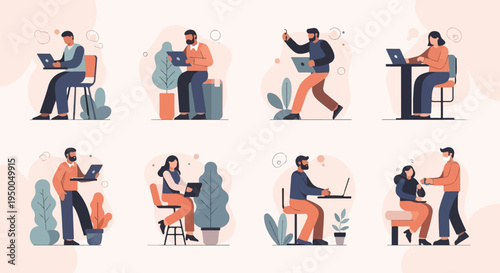 Flat style people working on laptops and phones in various poses