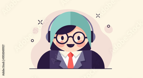 Friendly cartoon character wearing headphones, glasses, and a suit