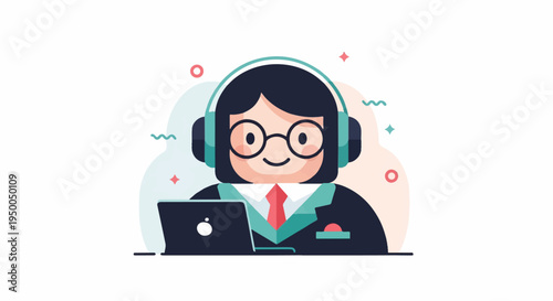Friendly person with headphones and laptop