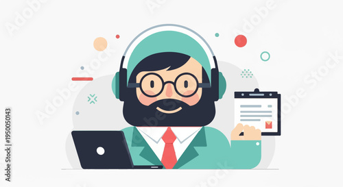 Friendly person with headphones, laptop, and clipboard