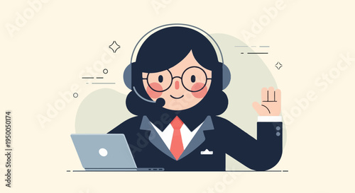 Friendly cartoon customer service representative wearing headset and glasses