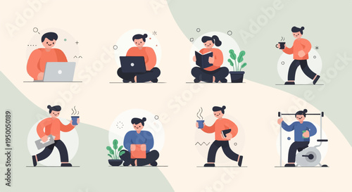 Flat vector illustrations of people engaging in various daily activities like working