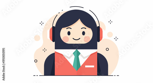 Friendly cartoon figure wearing headphones and a tie, offering assistance