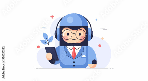 Friendly robot with glasses and headphones holds a plant and phone