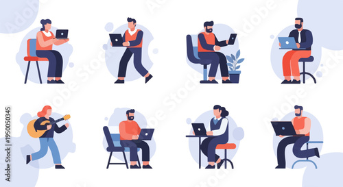 Flat vector illustrations of people using laptops and playing guitar