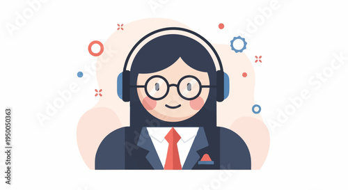 Friendly cartoon person wearing headphones and a suit