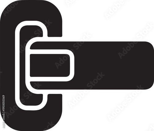 Black stylized symbol of a carabiner clip with a straight bar extension isolated on white