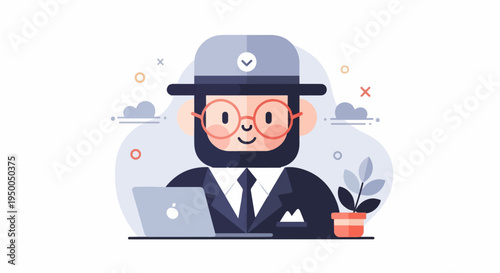 Friendly cartoon person with beard, glasses, and hat using a laptop