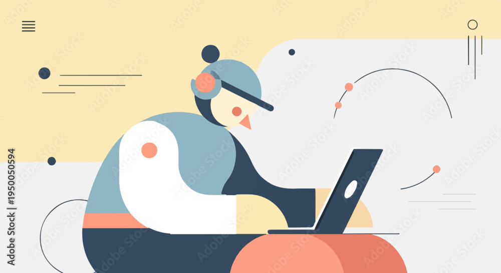 Fototapeta premium Geometric illustration of a person with headphones using a laptop