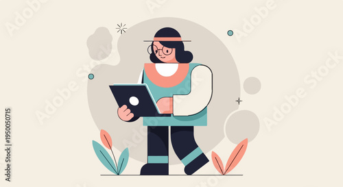 Flat illustration of a person with glasses and hat using a laptop outdoors