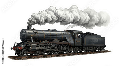vintage steam locomotive emitting black smoke on railway tracks illustration