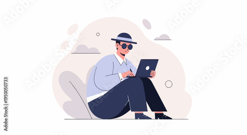 Flat illustration of a person with glasses and hat using a laptop