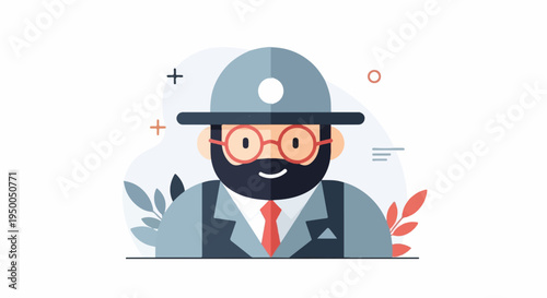 Friendly bearded man in a hat and suit, with abstract shapes