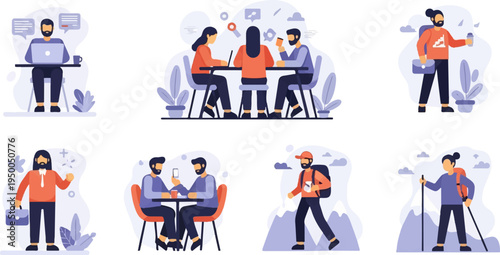 Group work, remote work, coffee breaks, hiking, and outdoor adventures