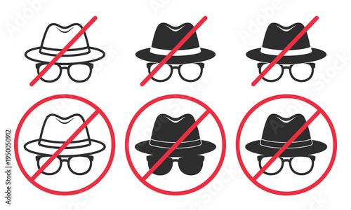 No, anonymous browsing icon set with incognito mode disabled, stop spy and privacy restriction symbols, clean modern flat vector design for apps, web browsers, cybersecurity, and user interface
