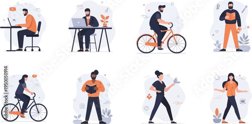 Flat illustrations of people working, cycling, reading, and observing nature