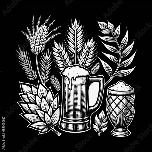Craft Beer Brewing Ingredients and Mug Vector Set, Vintage Chalkboard White Engraving for Pub Menu and Label Design