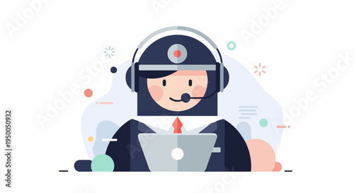 Friendly customer service agent with headset and laptop, abstract shapes, bright colors