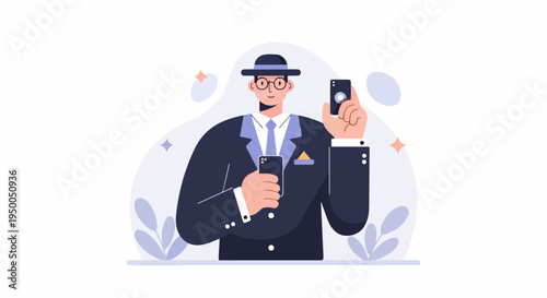 Man in suit and hat holding two phones, smiling