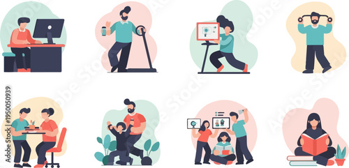 Flat illustrations of people working, exercising, and reading together