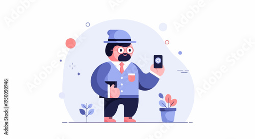 Illustrated man in a suit and hat holding a phone and book