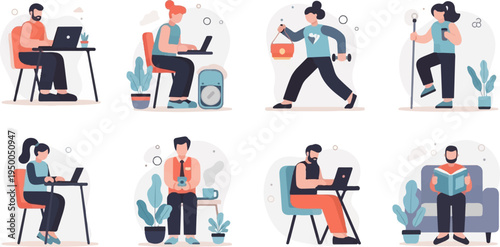 Flat illustrations of people working, exercising, and relaxing at home
