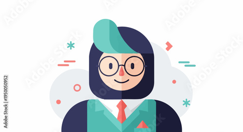 Flat illustration of a person with glasses and a teal suit