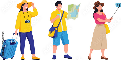 Set of 3 diverse flat vector illustrations depicting tourists traveling with luggage, map, camera, and selfie stick, ideal for travel blogs and websites.