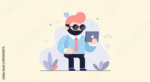 Illustrated man in business attire with a tablet