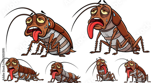 Set of 6 Tired Brown Cockroach Vector Illustrations with Sweat and Tongue Out, Depicting Exhaustion or Heat Stress for Pest Control and Hygiene Concepts