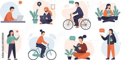 Illustrated people engaged in diverse daily activities, including work, leisure, and exercise