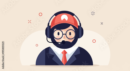 Friendly person in headset and suit, ready to assist