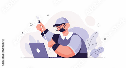Illustrated person with glasses and mustache working on laptop
