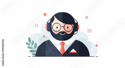 Friendly bearded man in a suit and headset, representing service