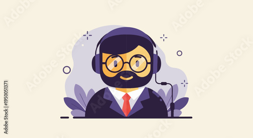 Friendly bearded man in headset and suit, abstract background