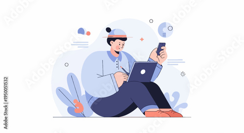 Flat illustration of person using laptop and phone with abstract shapes